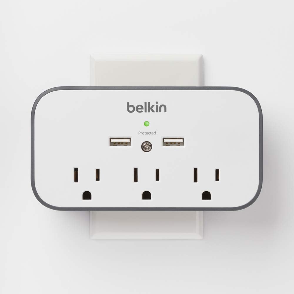 Belkin Wall Surge Protector - 3 Outlet w/ 2 USB Ports Mount with Premium Protection Against Surges Safe Charge for Mobile