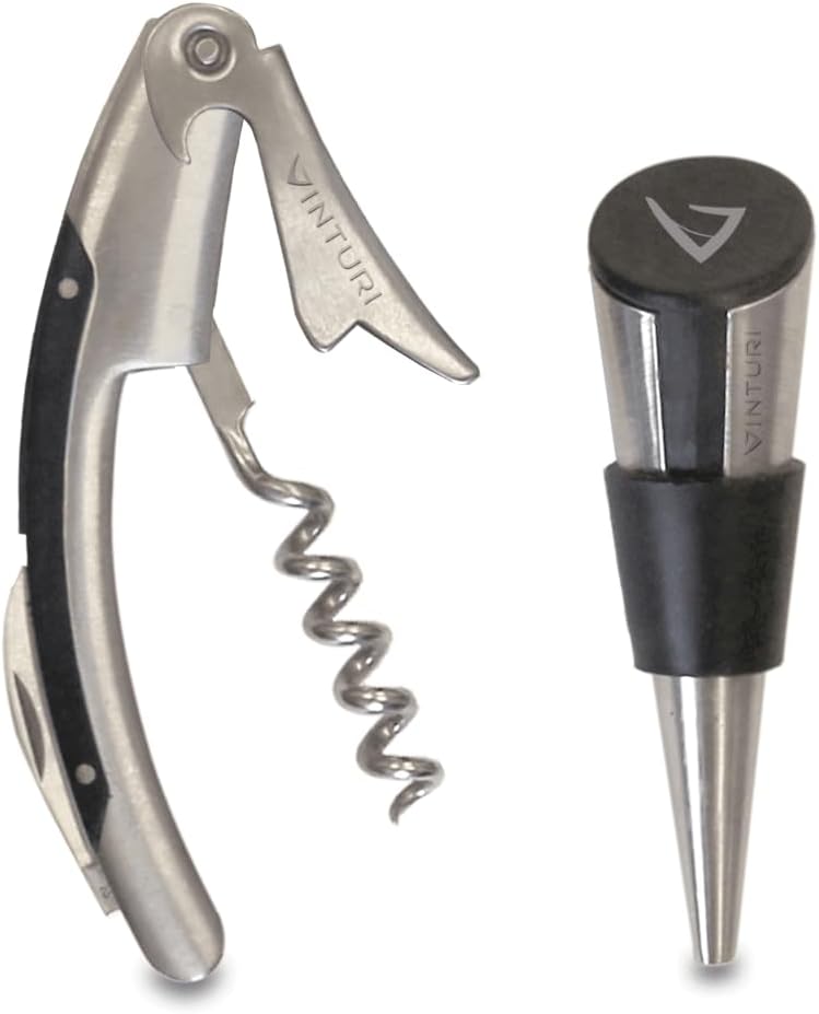 Vinturi Stainless Steel Waiters Corkscrew with Foil Cutter and Bottle Stopper Bar Set, Silver