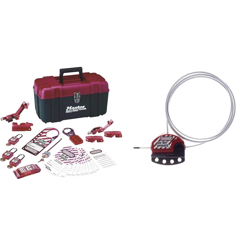 Master Lock 1457E410KA Group Lockout Kit, Red & S806 Adjustable Tagout Steel Cable, 5/32" Diameter