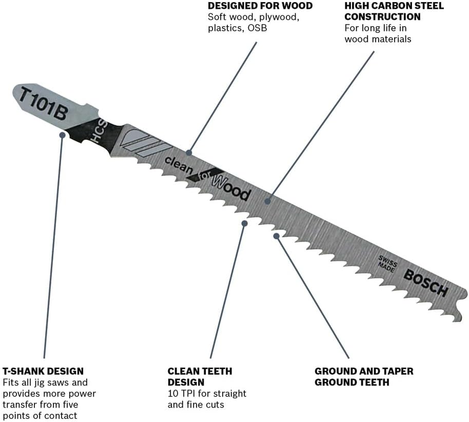 Bosch T101B 5 pc. 4 in. 10 TPI Variable Pitch Clean for Wood T-Shank Jig Saw Blades