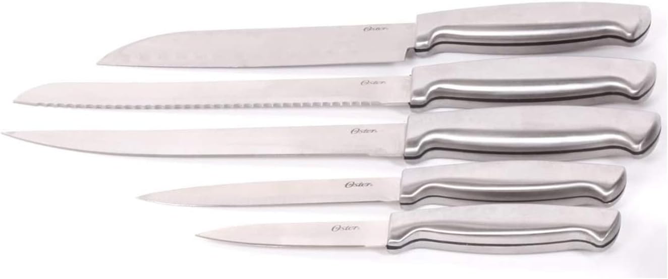 Oster Baldwyn High-Carbon Stainless Steel Kitchen Knife Cutlery Block Set, 22-Piece, Brushed Satin (22-Piece Set)