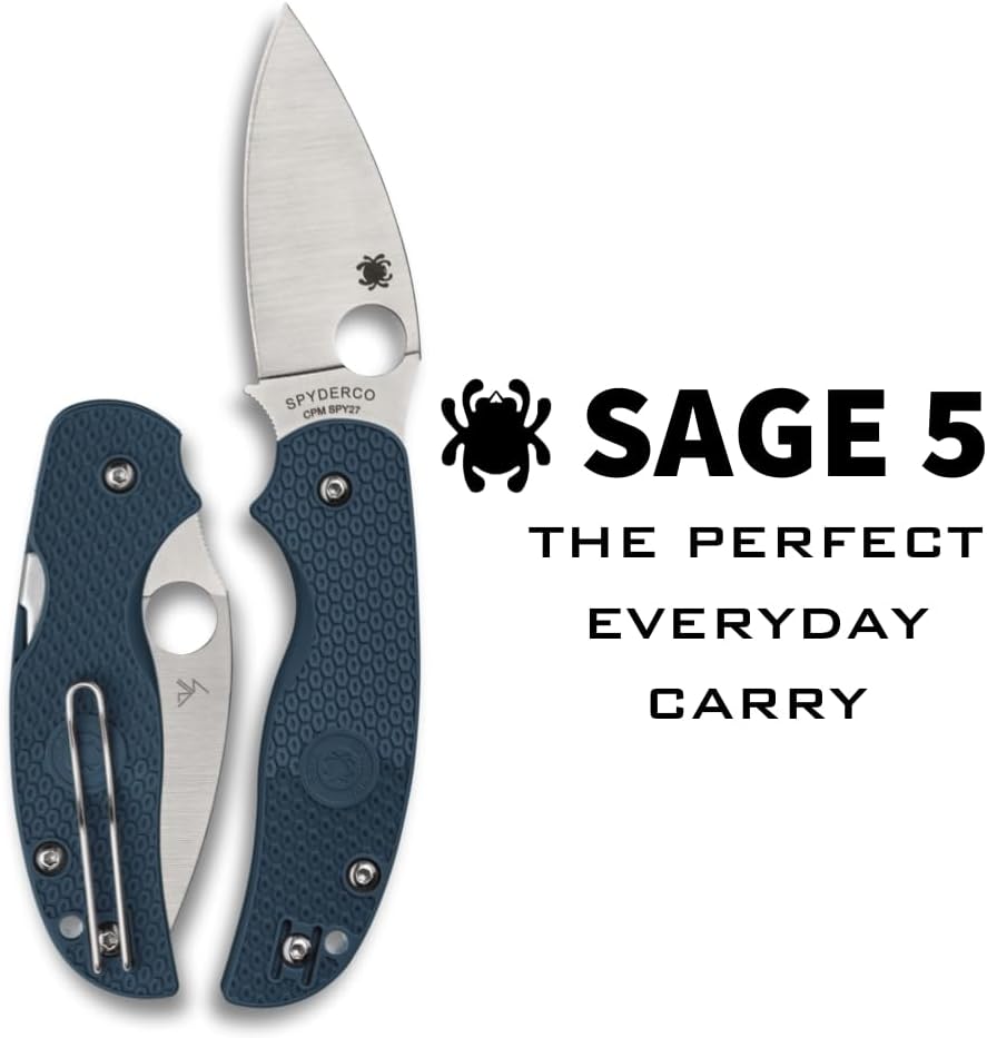 Spyderco Sage 5 Lightweight Folding Pocket Knife with 3 Inch CPM SPY27 Steel Blade and Cobalt Blue FRN Handle - PlainEdge