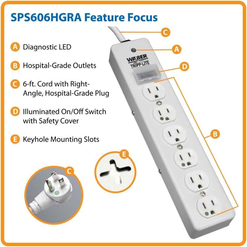 TRIPP LITE 6-Outlet Hospital-Grade Surge Protector Power Strip