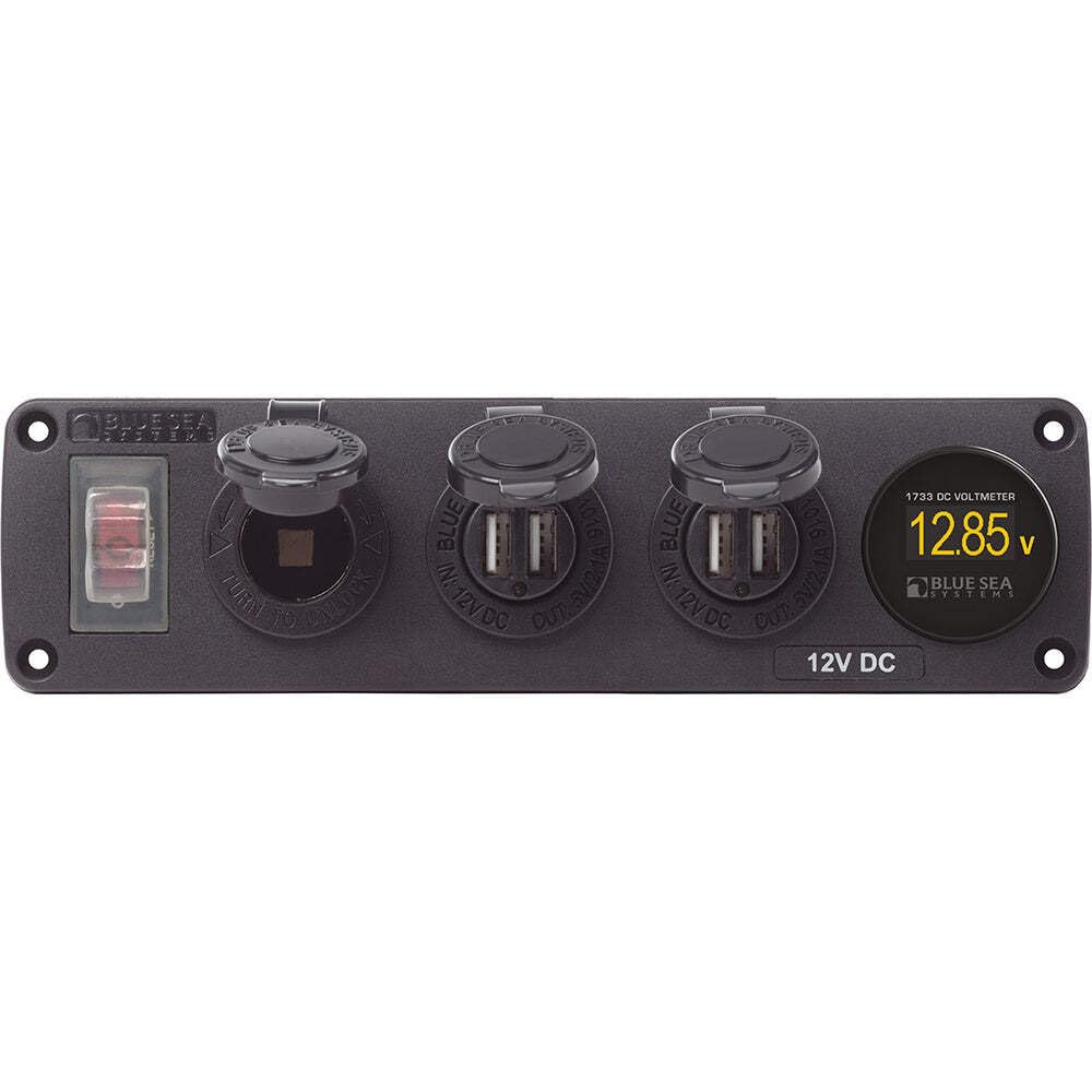 Blue Sea Systems 4368 Water-Resistant Accessory Panel, 12V Socket, 2x 2.1A USB, Mini Voltmeter