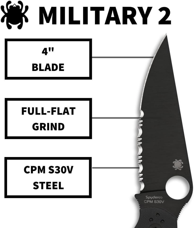 Spyderco Military 2 Folding Pocket Knife with 4 Inch Black CPM S30V Steel Blade and G-10 Handle - CombinationEdge - C36GPSBK2