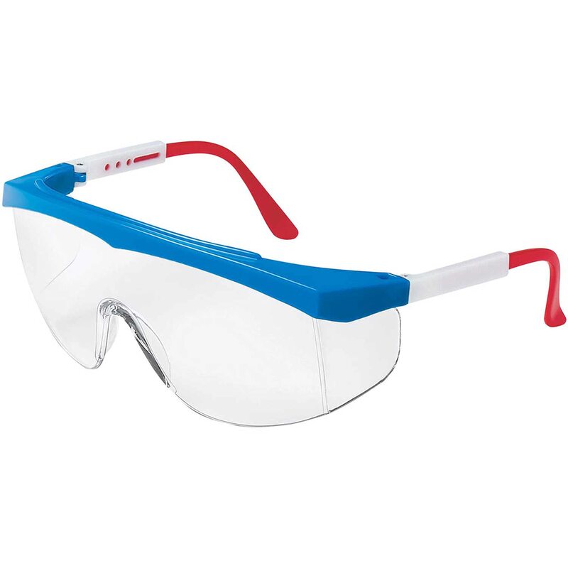 MCR SAFETY SS130 Stratos Safety Glasses — Clear Polycarbonate Lens, Red/White/Blue Frame
