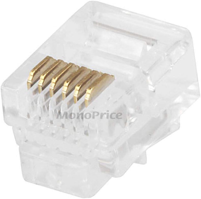 Monoprice 6P6C RJ12 Modular Plugs - For Round Solid/Stranded Cable, 1u, 3 Prongs, 50 Pack, Clear
