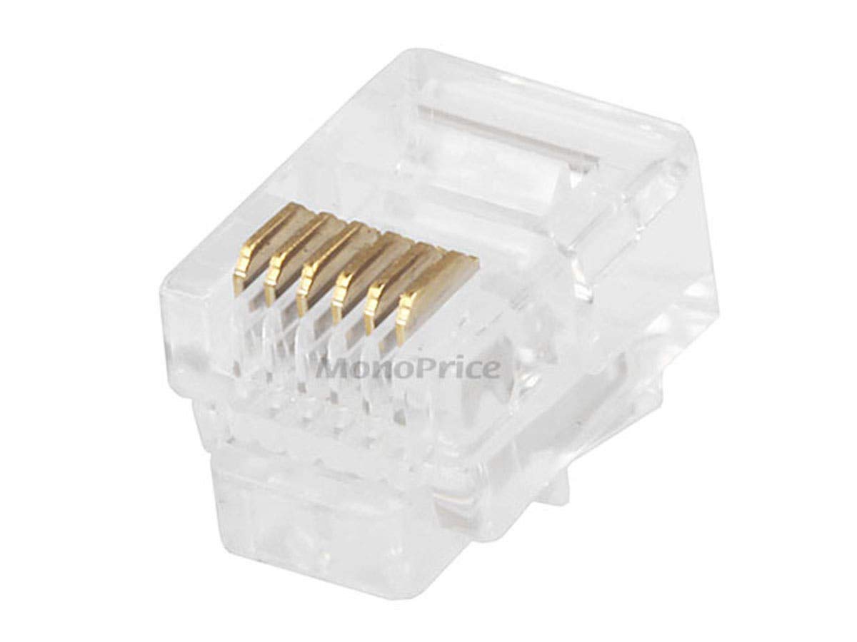 Monoprice 6P6C RJ12 Modular Plugs - For Round Solid/Stranded Cable, 1u, 3 Prongs, 50 Pack, Clear