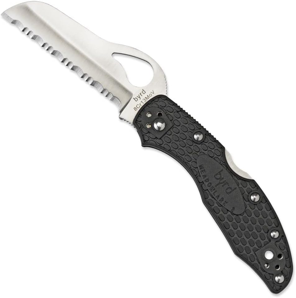 Byrd Meadowlark 2 Rescue Lightweight Knife with 3.05" Stainless Steel Sheepfoot Blade and High Performance Black FRN Handle