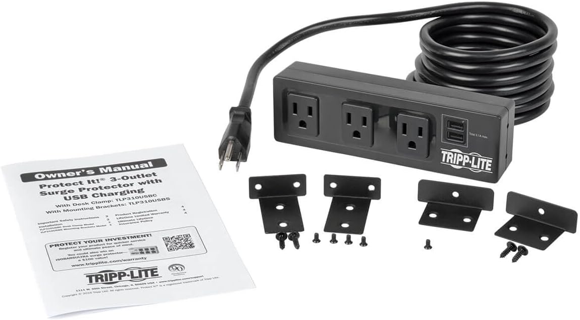 Tripp Lite 3 Outlet Surge Protector Power Strip with Mounting Brackets, 10ft Cord, 2 USB Charging Ports, & $20