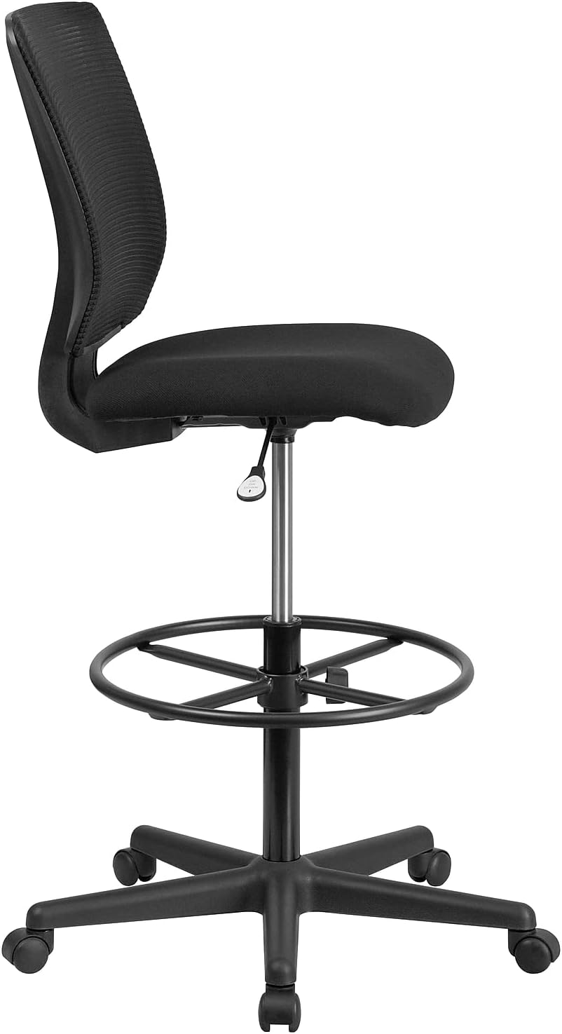 Flash Furniture Harper Ergonomic Mid-Back Mesh Drafting Chair with Black Fabric Seat and Adjustable Foot Ring