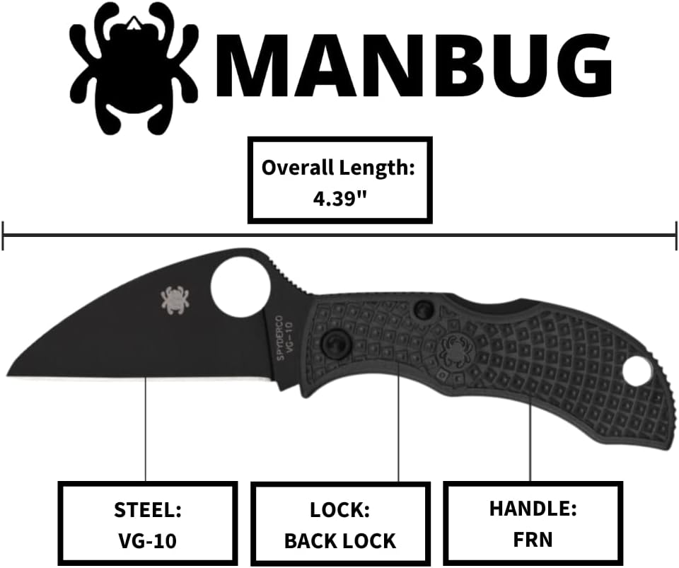 Spyderco Manbug Wharncliffe Folding Pocket Knife with 1.9" VG-10 Steel Blade and FRN Handle - PlainEdge - MBKWPBK