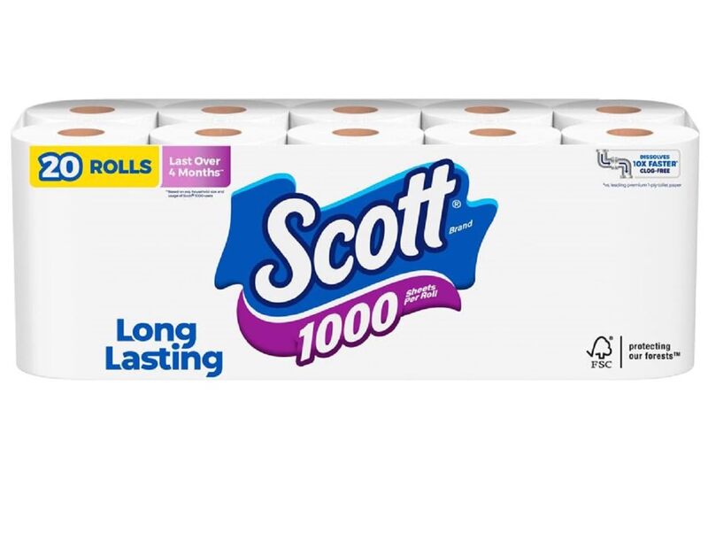 Scott 1000 Toilet Paper, 20 Regular Rolls, Septic-Safe, 1-Ply Toilet Tissue White 1000 sheet (Pack of 20)