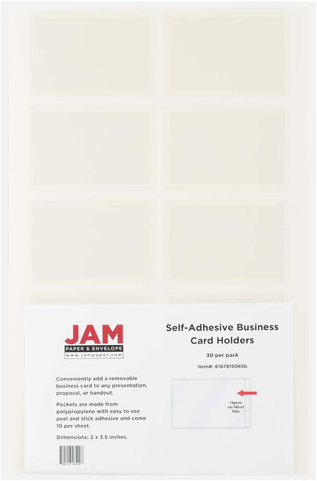 JAM PAPER Self-Adhesive Business Card Holders - 2 x 3 1/2 - Clear - 30 Label Pockets/Pack Pack of 30