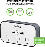 Belkin Wall Surge Protector - 3 Outlet w/ 2 USB Ports Mount with Premium Protection Against Surges Safe Charge for Mobile