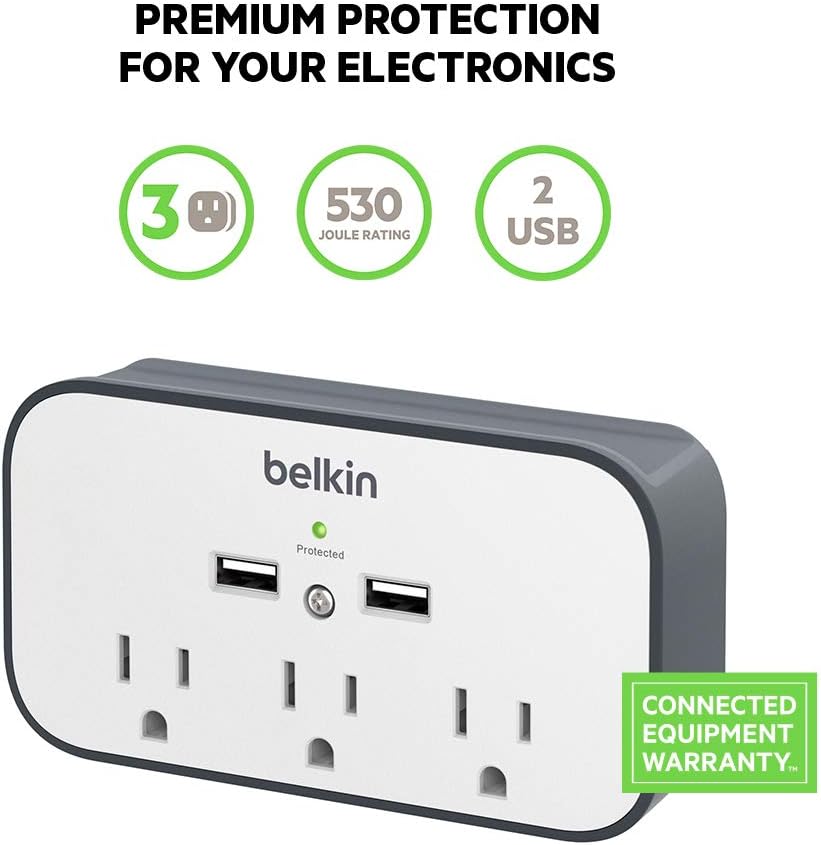 Belkin Wall Surge Protector - 3 Outlet w/ 2 USB Ports Mount with Premium Protection Against Surges Safe Charge for Mobile