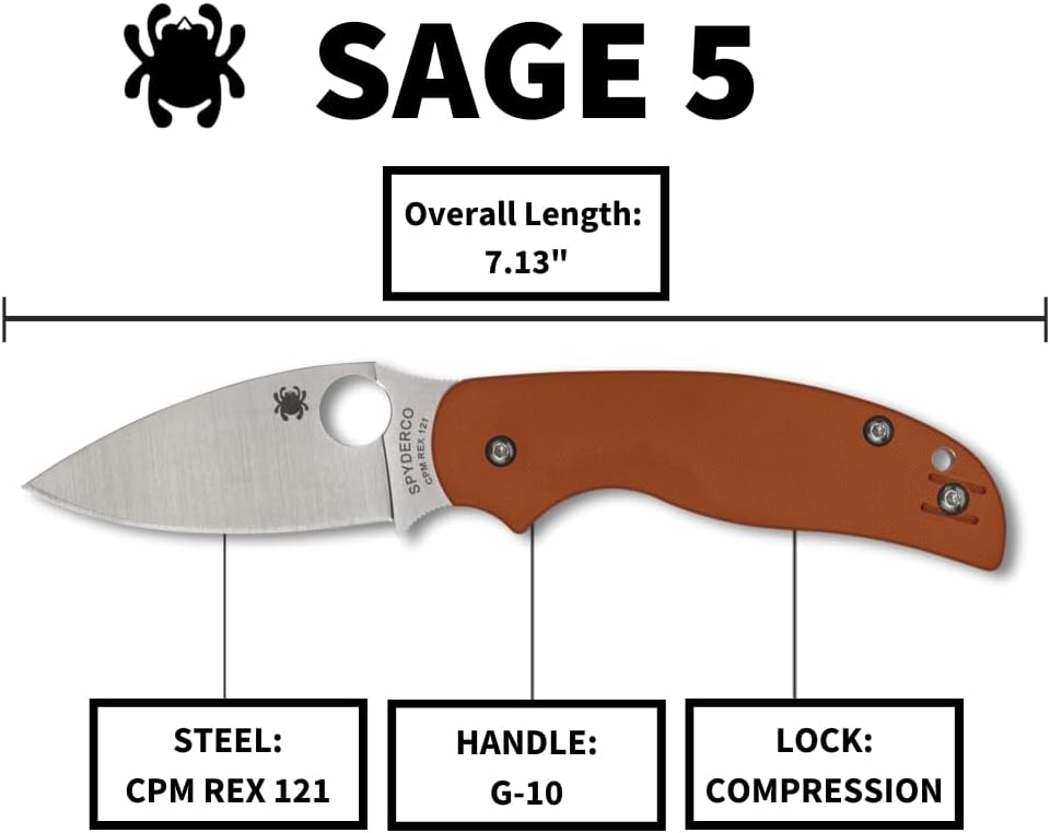 Spyderco Sage 5 Folding Pocket Knife with 3" CPM Rex 121 Steel Blade and G-10 Handle - EDC Knife for Men and Women