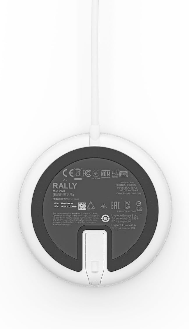 Logitech Rally Mic Pod for Rally, Rally Bar, and Rally Bar Mini, White - 9.60 ft - 90 Hz to 16 kHz -27 dB