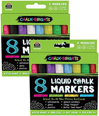Teacher Created Resources Chalk Brights Liquid Chalk Markers, 2-Sided, Assorted Colors, 8 Markers Per Pack, Set Of 2 Packs