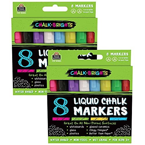 Teacher Created Resources Chalk Brights Liquid Chalk Markers, 2-Sided, Assorted Colors, 8 Markers Per Pack, Set Of 2 Packs