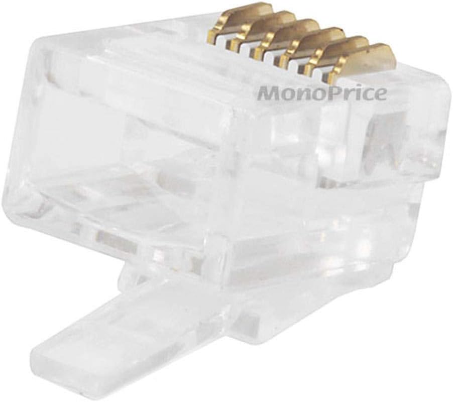Monoprice 6P6C RJ12 Modular Plugs - For Round Solid/Stranded Cable, 1u, 3 Prongs, 50 Pack, Clear