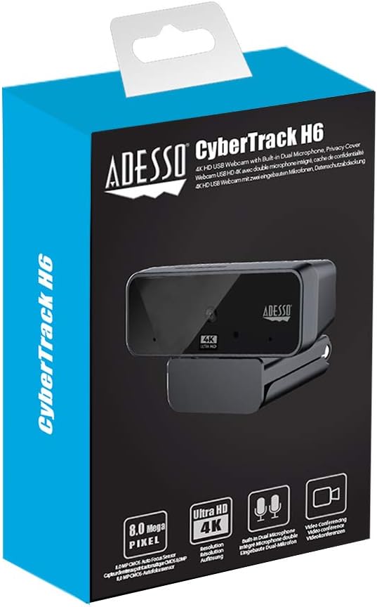 Cybertrack H6 4K Ultra HD USB Webcam with Built-in Dual Microphone & Privacy Shutter Cover, Black