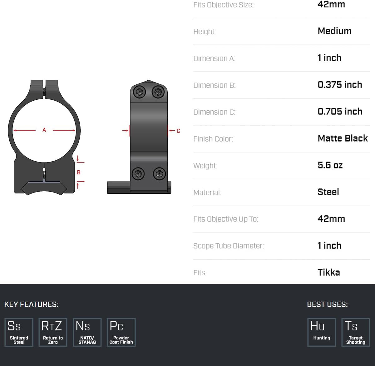 WARNE 1TM Tikka Permanently Attached Scope Rings, Solid Steel, Vertically Split, 1 inch, Med Matte