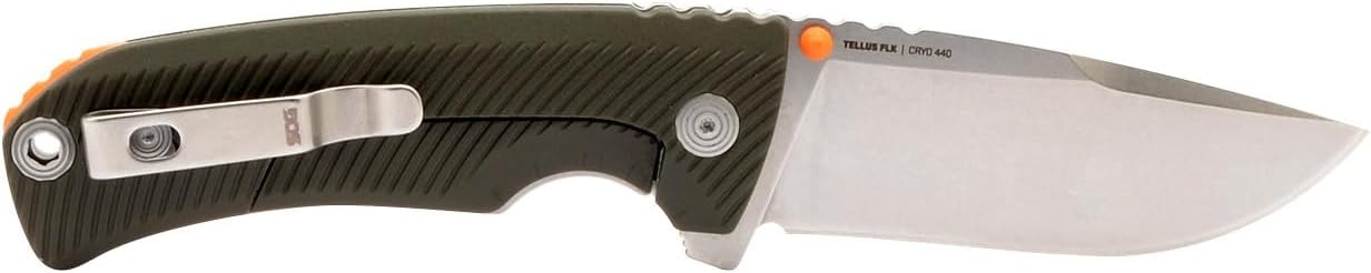 SOG Tellus FLK Full-Sized Frame Lock Folding Knife, GRN Handle, CRYO 440C Stainless Steel Blade, Reversible Pocket Clip