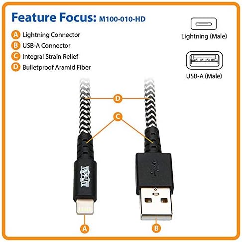 Tripp Lite Braided Lightning Cable – Lightning to USB Cable (M/Apple Certified Lightning Cable, Charge/Sync, 10 ft, Aramid Fiber, Grey, 2-Year Warranty (M100-010-HD)