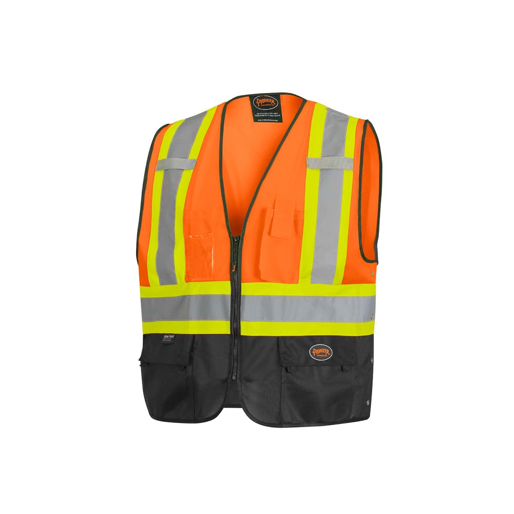 Pioneer Hi-Vis Reflective Safety Vest, Solid Neon, 8 Pockets, Zipper, Adjustable
