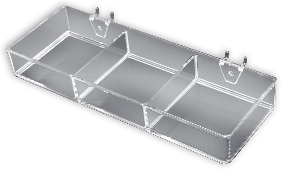 Azar Displays 3-Compartment Tray For Peg/Slat Displays, Small Size, Clear, Pack Of 2