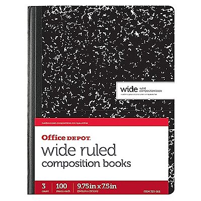 Office Depot Composition Book, 7 1/2in. x 9 3/4in., Wide-Ruled, 100 Sheets, Black/White Marble, Pack Of 3, 14776