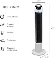 Genesis Powerful 43 Inch Oscillating Tower Fan with Max Air Quiet Technology and Remote, White (G5TOWERFAN)