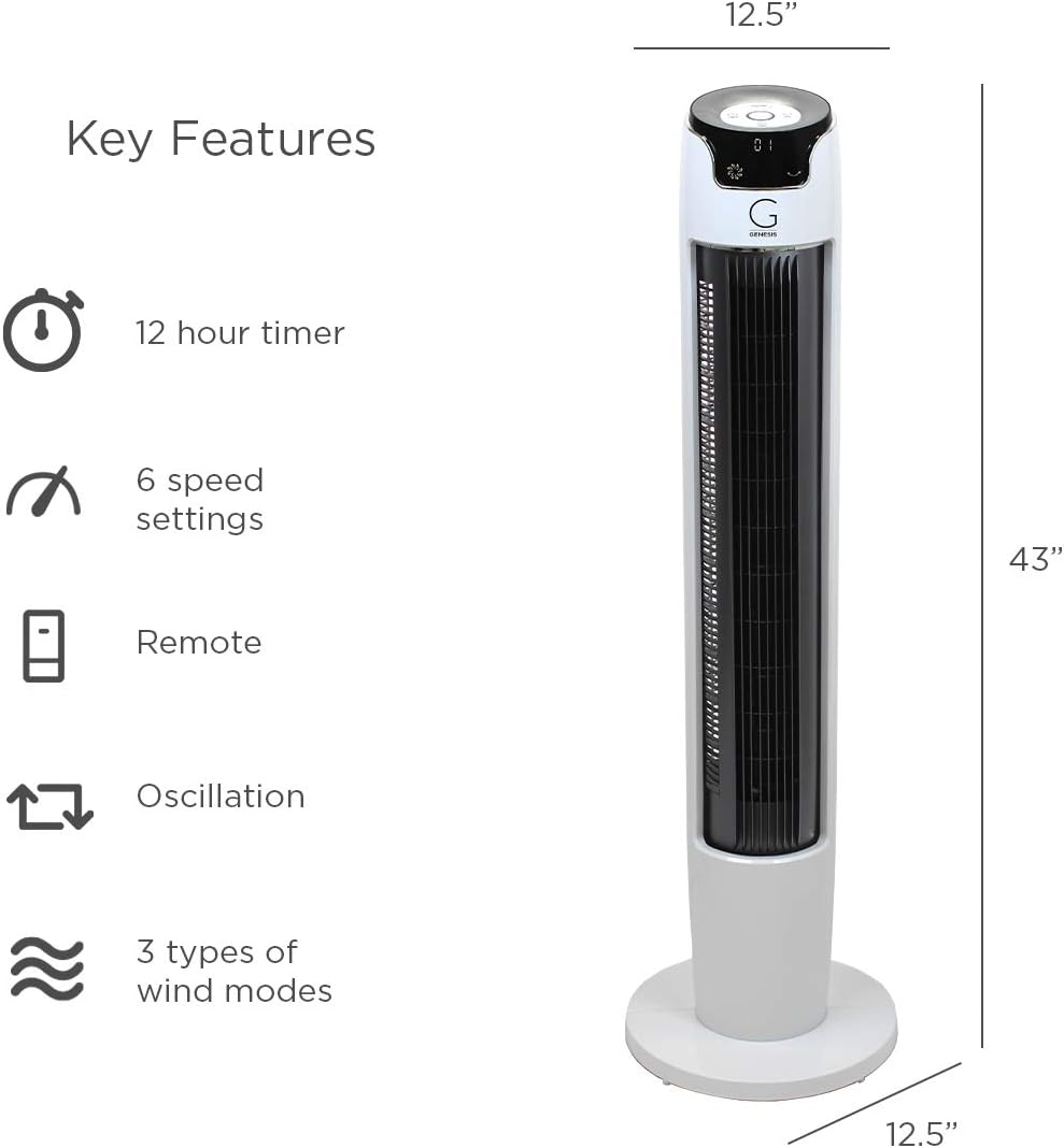 Genesis Powerful 43 Inch Oscillating Tower Fan with Max Air Quiet Technology and Remote, White (G5TOWERFAN)