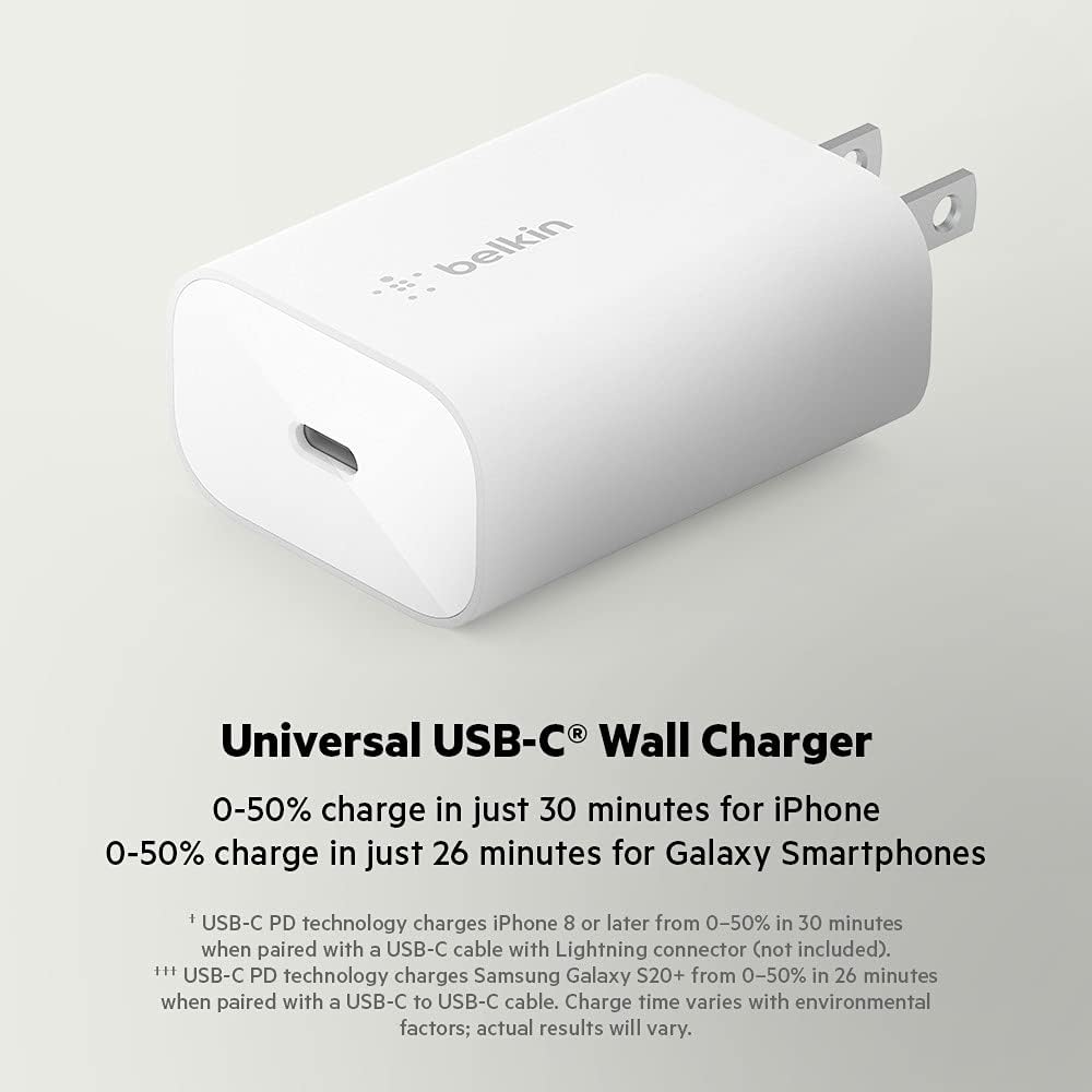 Belkin USB C Charger Block 25W - Power Delivery PPS Super Fast Charging - Apple iPhone 16 Series, Samsung Galaxy S25, iPad