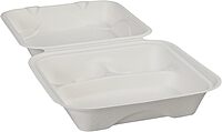 ECO PRODUCTS Compostable 8" Clamshell To Go Containers, Case of 200, 3 Compartment, Square Take Out Food Box, White Renewable Molded Fiber, Microwaveable & Freezable, Grease & Cut Resistant, ASTM