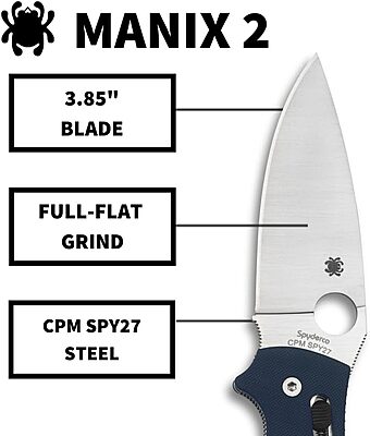Spyderco Manix 2 XL Folding Knife, Cobalt Blue G-10 Handle - CPM-SPY27 Steel Satin Blade, 3.85 Inches Blade Length, Full-Flat Grind - C95GPCBL2
