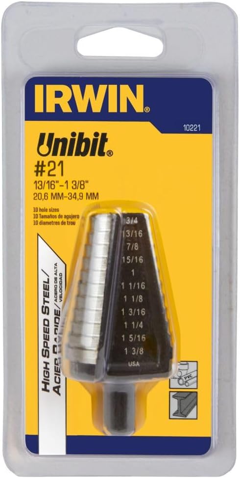 Irwin Tools IRWIN Unibit #21 13/16-Inch to 1-3/8-Inch Step-Drill Bit, 1/2-Inch Shank (10221), Black