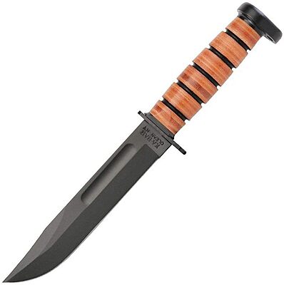 KA-BAR Dog's Head Utility Knife Fixed Blade Knife 7" Clip Point 1095 Cro-Van Black Blade Stacked Leather Handle Black/Brown