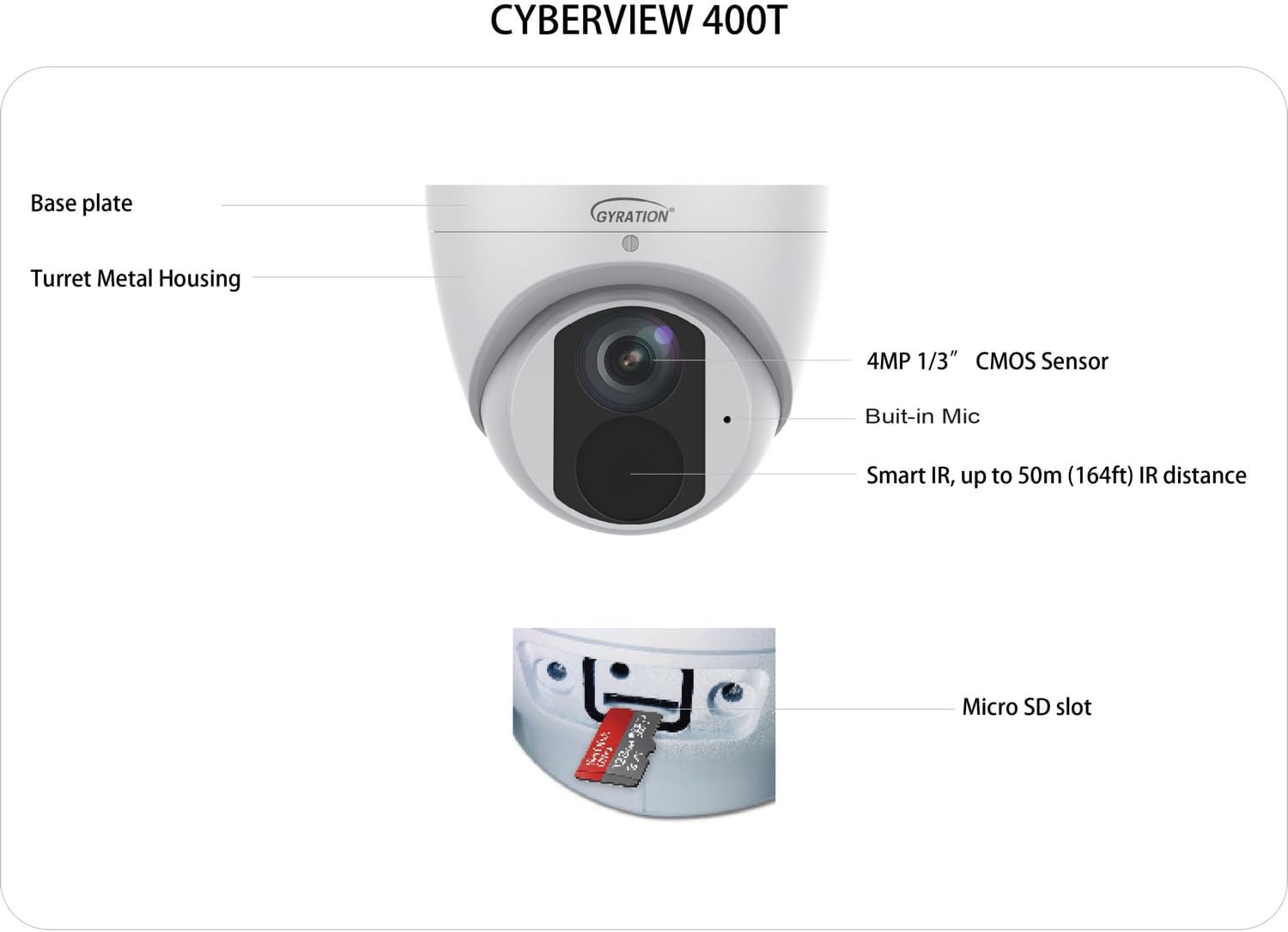 4MP Outdoor IR Fixed Turret Camera Waterproof with Built-in Microphone Edge Storage 120dB WDR PoE Smart IR 256GB Micro SD