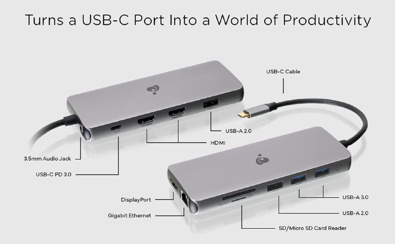 IOGEAR USB-C Triple Display Dock Station - 4K 60Hz - 2 HDMI - 1 DisplayPort - 2 USB2 - 2 USB3 - Ethernet - 3.5mm Audio