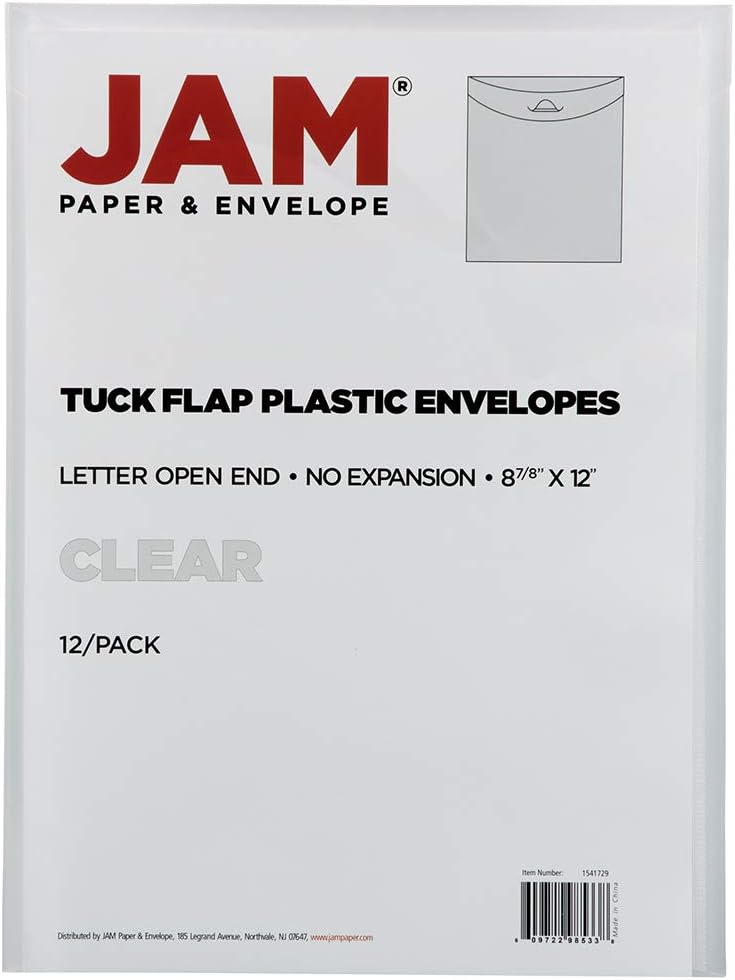 JAM PAPER Plastic Envelopes with Tuck Flap Closure - Clear