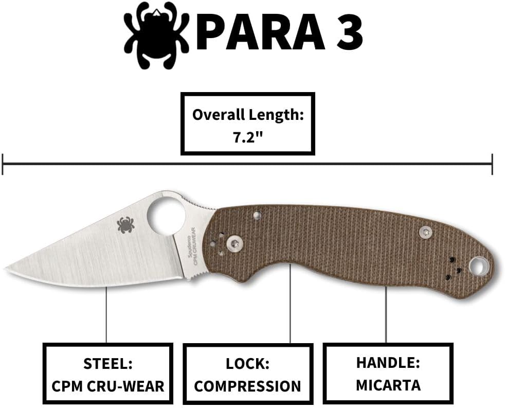 Spyderco Para 3 Folding Utility Pocket Knife - Ideal for Everyday Carry and Outdoor Adventures - Brown Canvas Micarta Handle