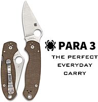 Spyderco Para 3 Folding Utility Pocket Knife - Ideal for Everyday Carry and Outdoor Adventures - Brown Canvas Micarta Handle, PlainEdge, 7.2-Inch Overall Length, 2.93-Inch Blade - C223MPCW