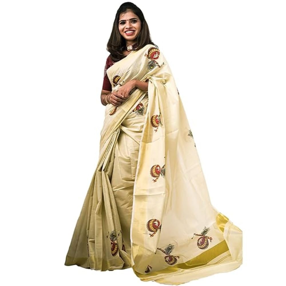 Women's Kuthampully Kerala Kasavu Saree Tissue Mural Painted | Traditional South Indian Saree | Onam Saree - Multi Color BOM-655