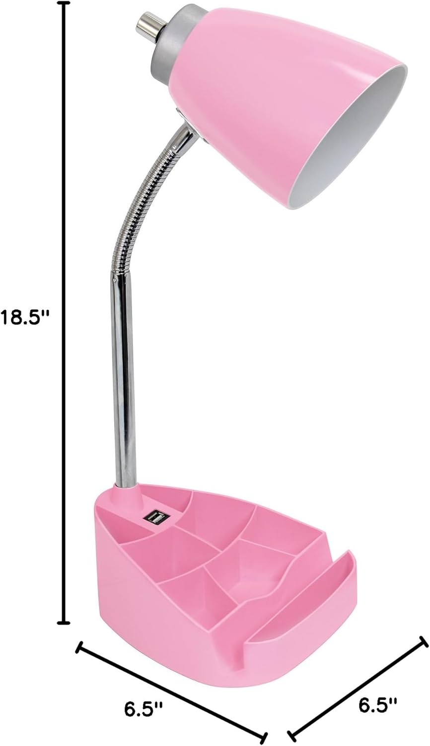 Simple Designs LD1056-PNK Gooseneck Organizer Desk Lamp with Tablet Stand, USB Port, Adjustable Height, Pink