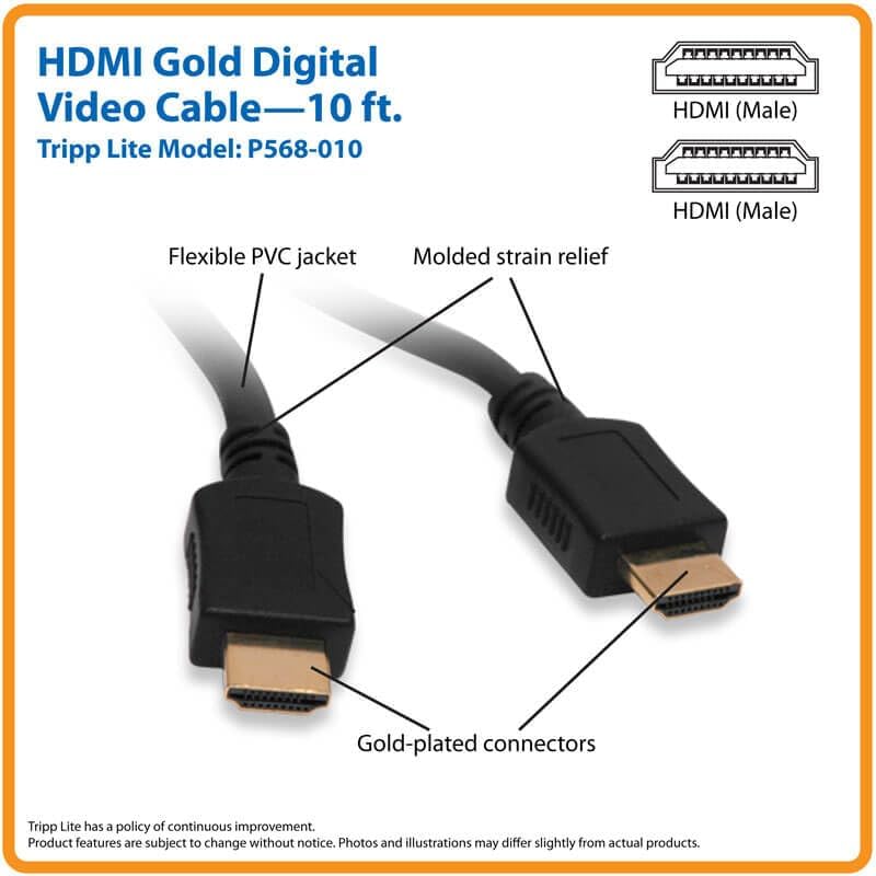Tripp Lite High Speed HDMI Cable, Ultra HD 4K x 2K, Digital Video with Audio (M/M), Black, 10-ft. (P568-010),Multicolor