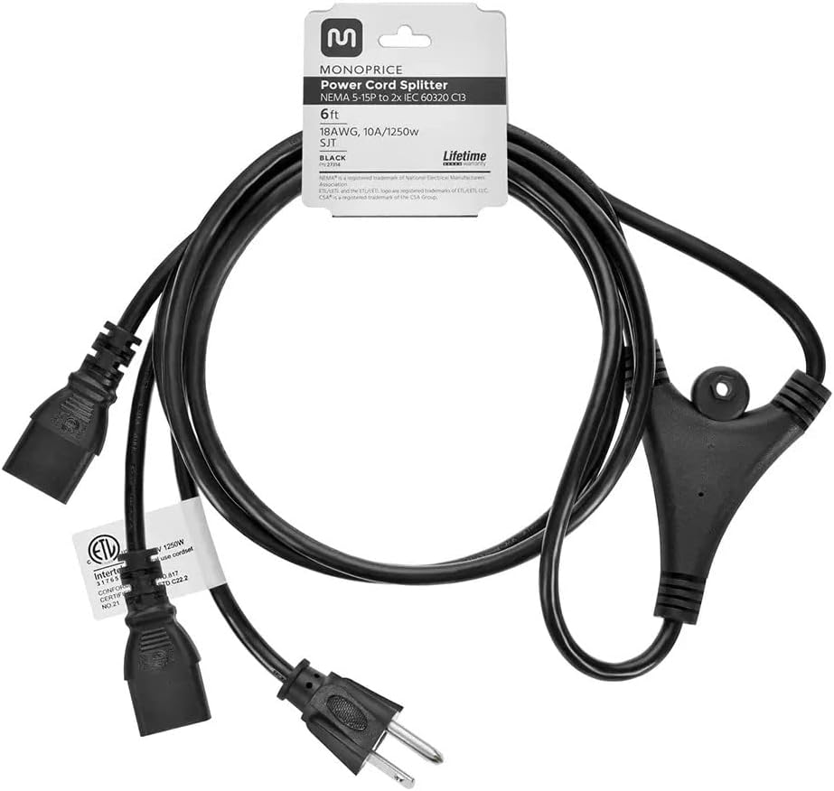Monoprice Power Cord Splitter - NEMA 5-15P to 2X IEC 60320 C13, 10 Amp, 1250 Watt, SVT, 18AWG, 6 Feet, Black