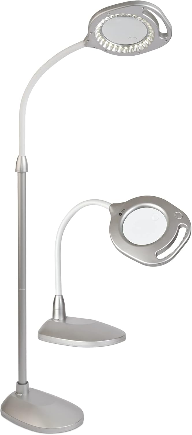 OttLite 2-in-1 LED Magnifier Floor & Table Light, Clearsun, Silver