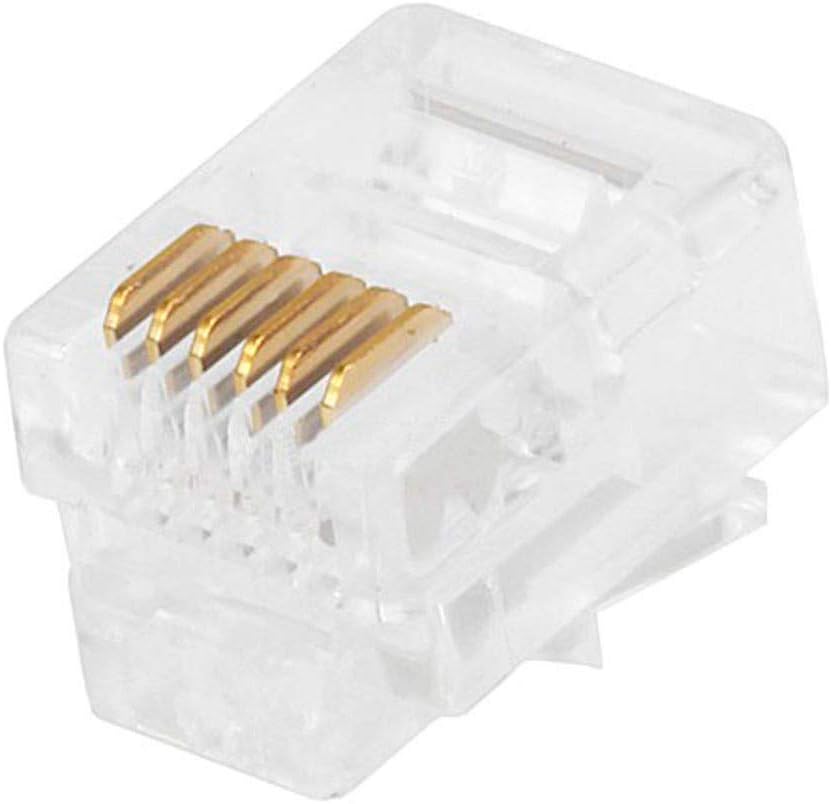Monoprice 6P6C RJ12 Modular Plugs - For Flat Solid/Stranded Cable, 1u, 2 Prongs, 50 Pack, Clear